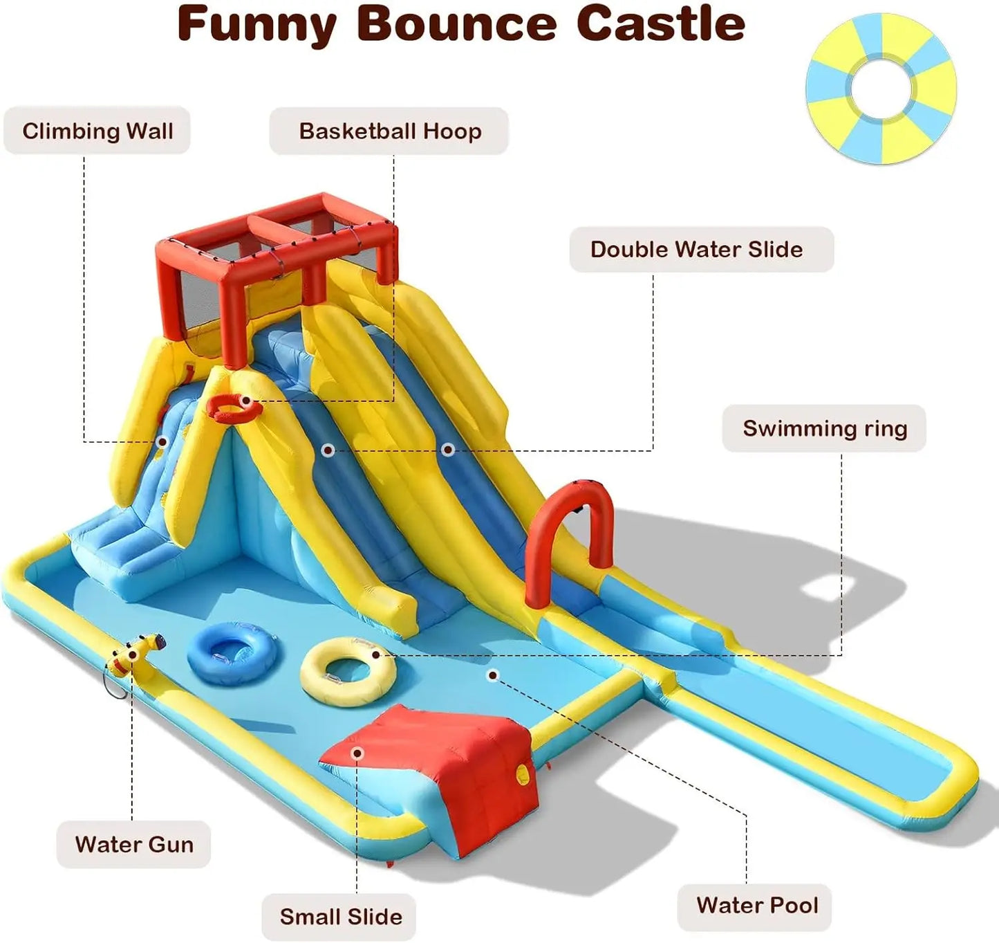 Inflatable Water Slide, Double Long Slides Giant Water Park Waterslide Inflatables with Climbing Wall & Splashing Pools, Outdoor