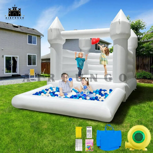10x8ft Toddlers Party Inflatable White Bounce House With Slide And Ball Pit Customization Oxford Bouncy Castle Include Blower