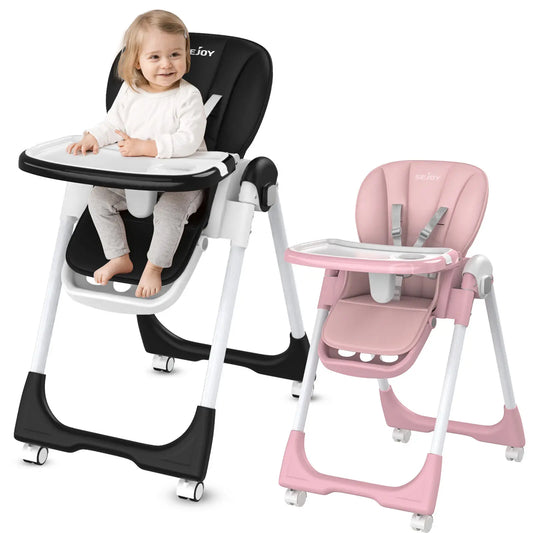 Baby High Chair Foldable Highchair Adjustable Backrest Double Removable Tray Detachable PU Leather Cushion High Chair