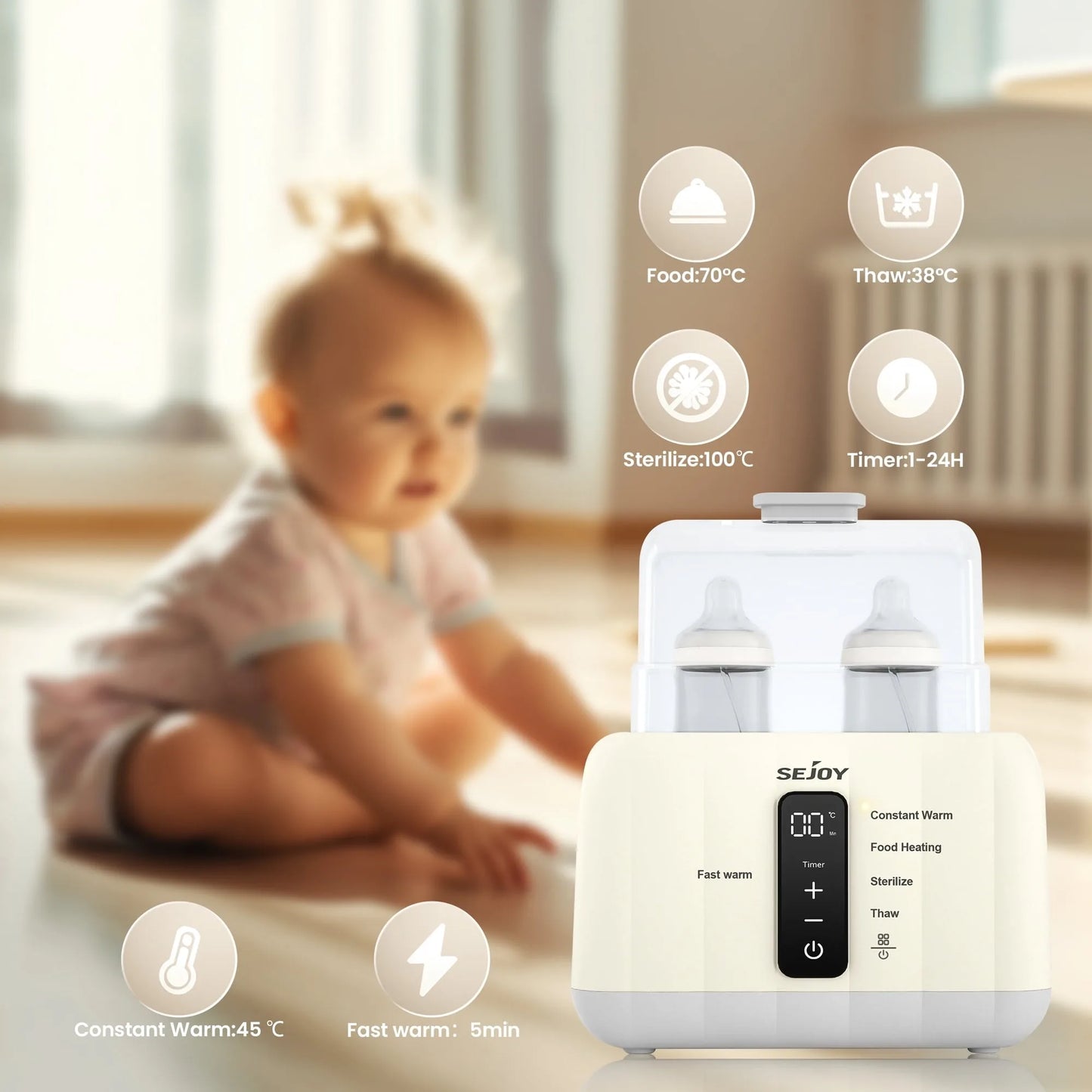 Sejoy Bottle Warmer For Baby,6-in-1 Fast Baby Milk Warmer with LCD Display,Double Bottle Warmer,Steam Sterilizer,24H Temperature