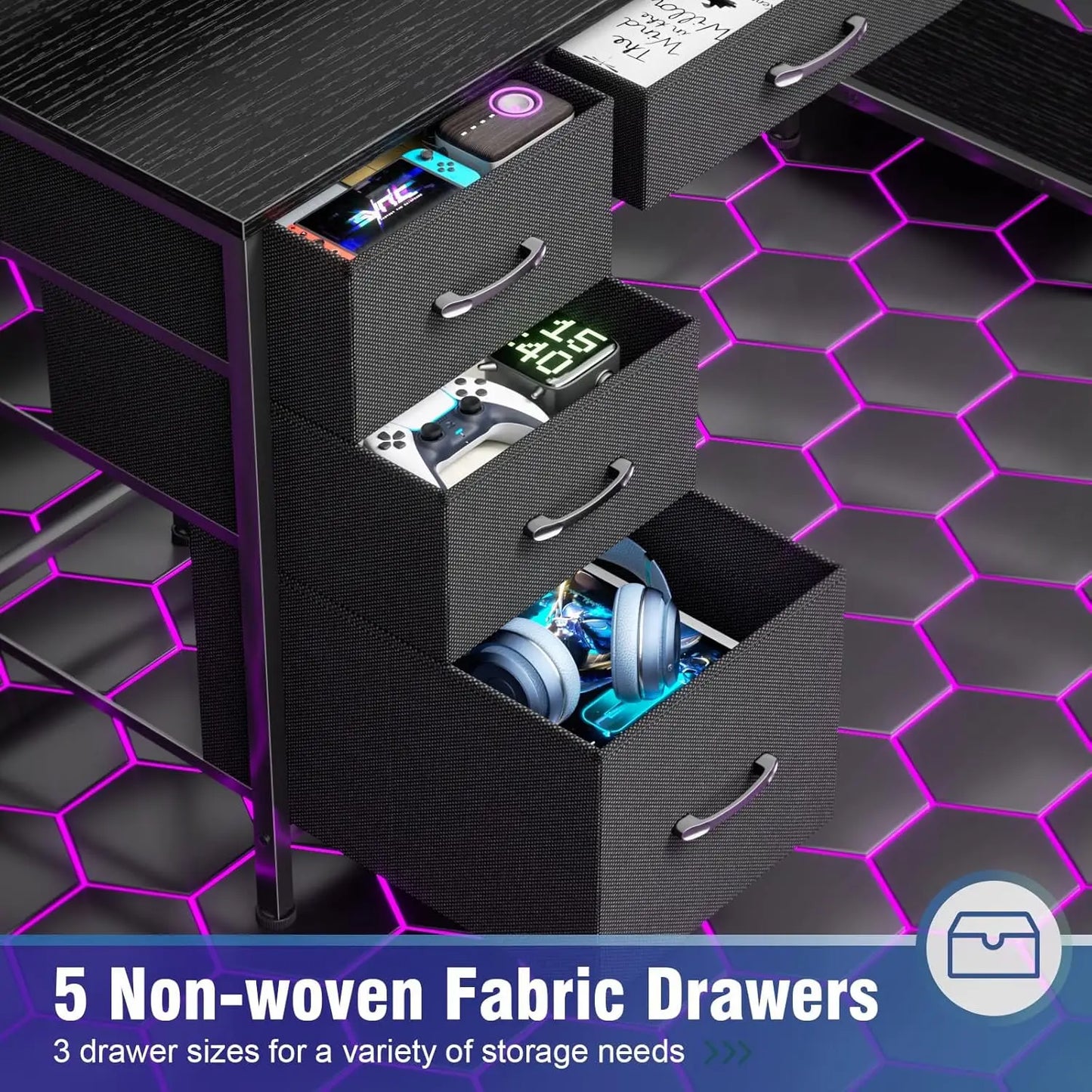 Computer Gaming Desk with Hutch, Home Office Desk with Power Outlets, LED Light, 5 Storage Drawers, 2 Tiers Shelves for Display