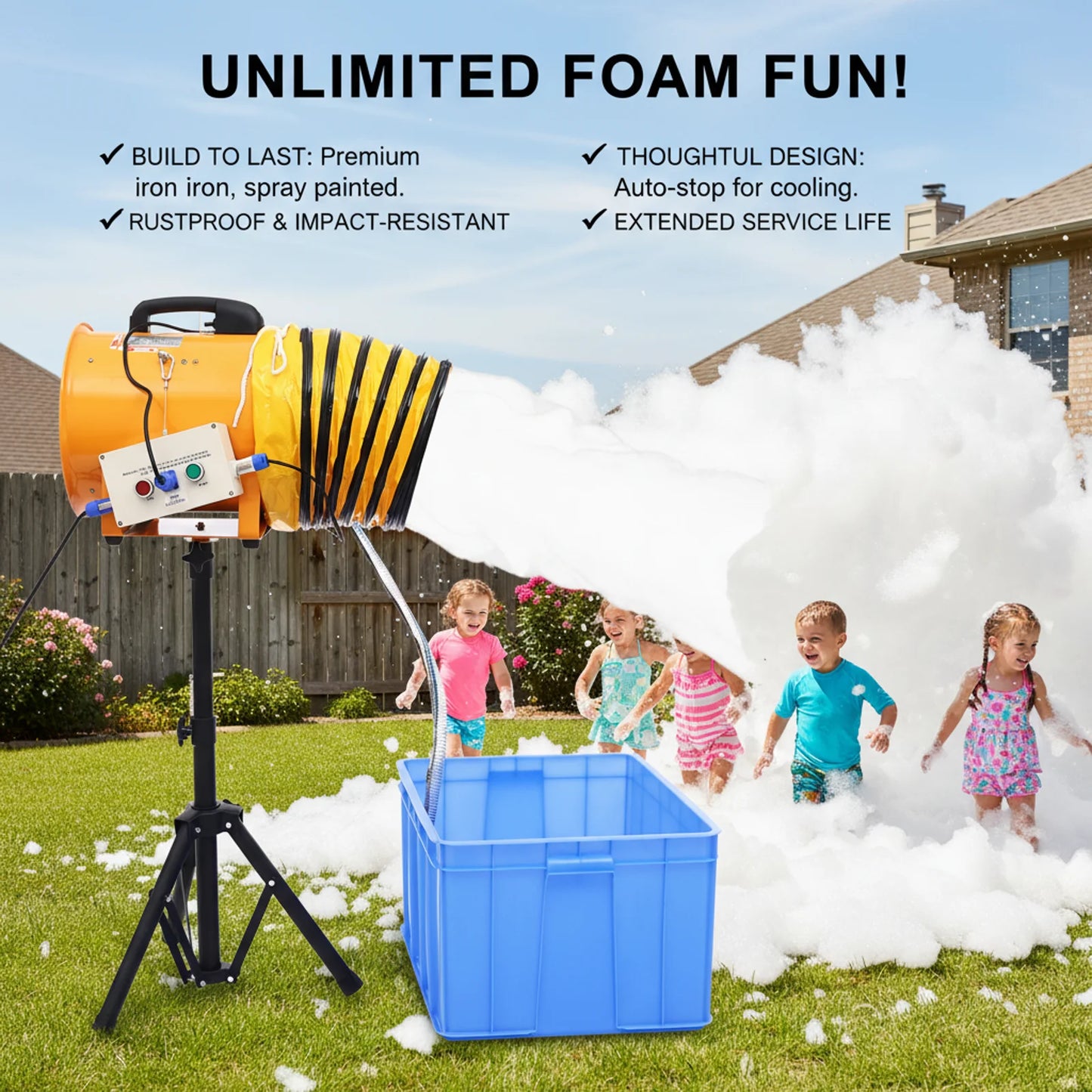 6m/20ft Rotatable Spray Pool Foam Machine for Party High Efficient 65m³/Min Adjustable Height 24-37in Heavy Duty 60L Capacity