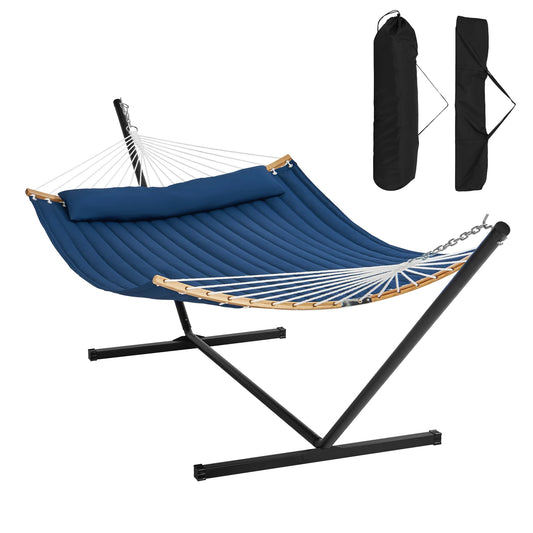 Two Person Hammock with Stand Included Double Hammock with Curved Spreader Bar and Detachable Pillow and Portable Bag