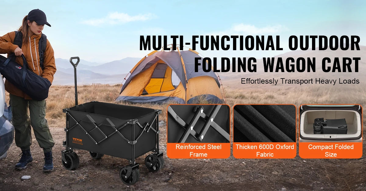 Collapsible Folding Wagon Beach Wagon Cart with All-Terrain Wheels Drink Holder Sport Wagon for Camping Shopping Garden