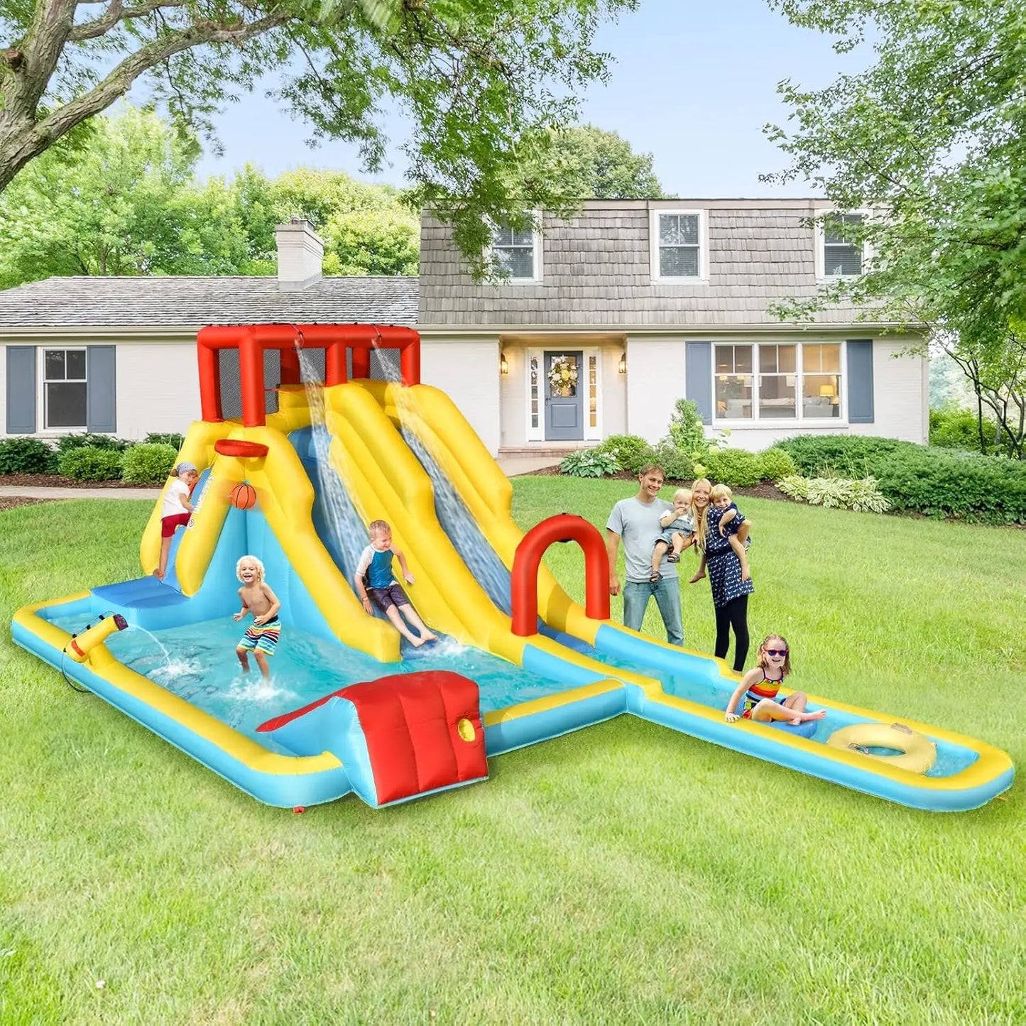 Inflatable Water Slide, Double Long Slides Giant Water Park Waterslide Inflatables with Climbing Wall & Splashing Pools, Outdoor