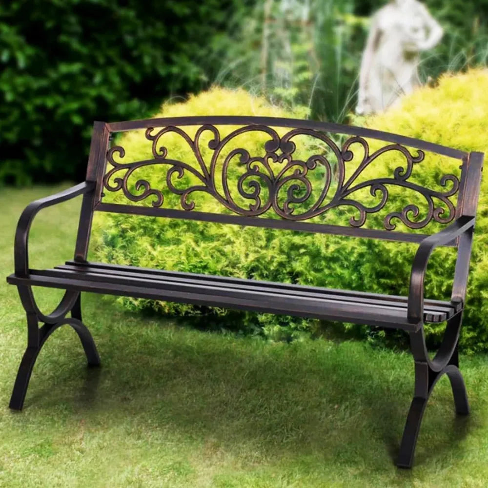 50Inch Cast Iron Steel Frame Garden Bench Patio Furniture Chair Outdoor Bench w/Floral Design Backrest, Slatted Seat for Park