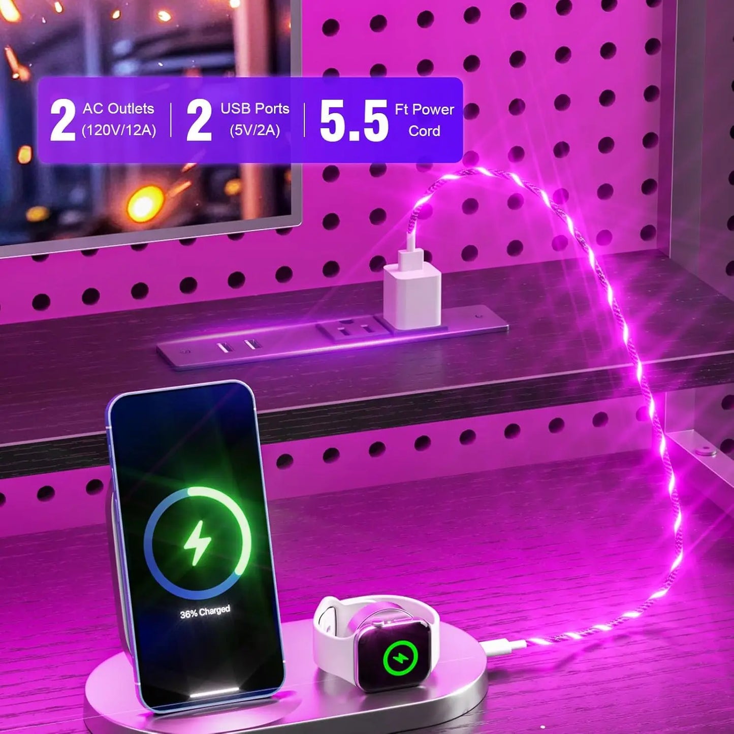 Computer Gaming Desk with Hutch, Home Office Desk with Power Outlets, LED Light, 5 Storage Drawers, 2 Tiers Shelves for Display