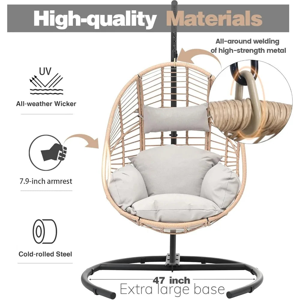 Oversized Hanging Egg Chair Outdoor Wicker Swing Chair with Stand Rain Cover UV Resistant Cushion 400lbs Capacity for Patio