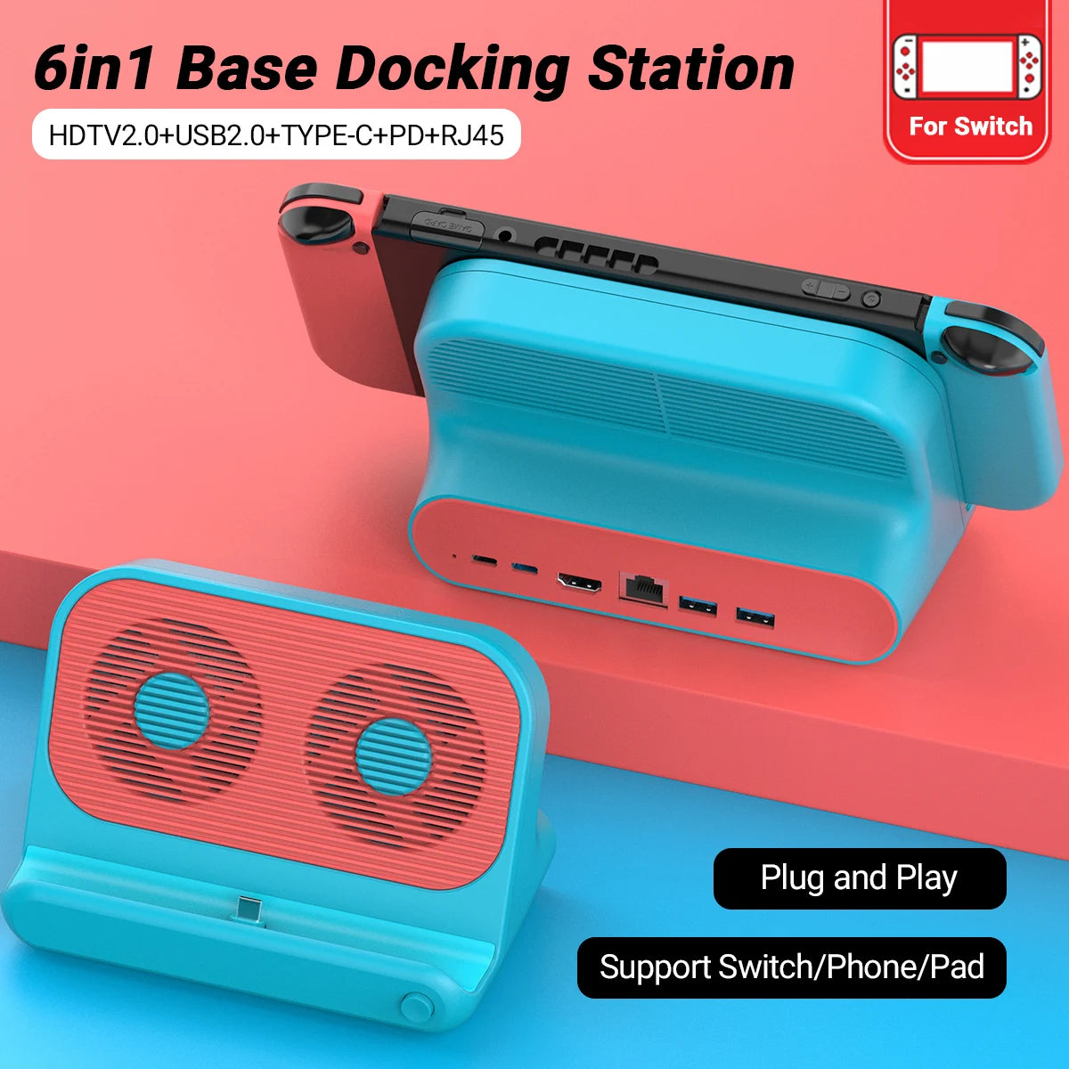 Cute New Style 6in1 Multifunction Nintendo Switch Dock with 4K HDMI Cooling Fans for Nintendo Switch/Switch OLED