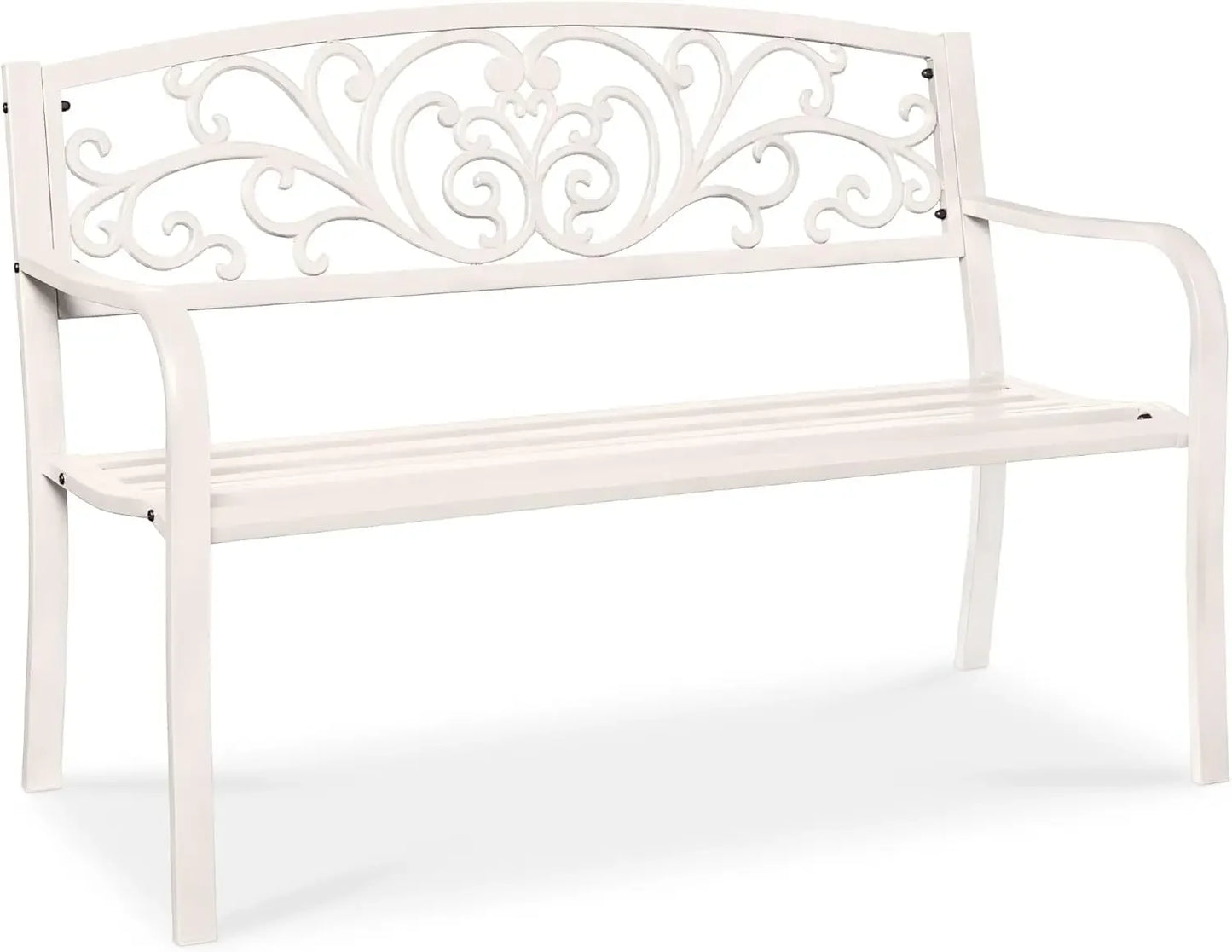 Outdoor Bench Steel Garden Patio Porch Furniture for Lawn, Park, Deck w/Floral Design Backrest, Slatted Seat