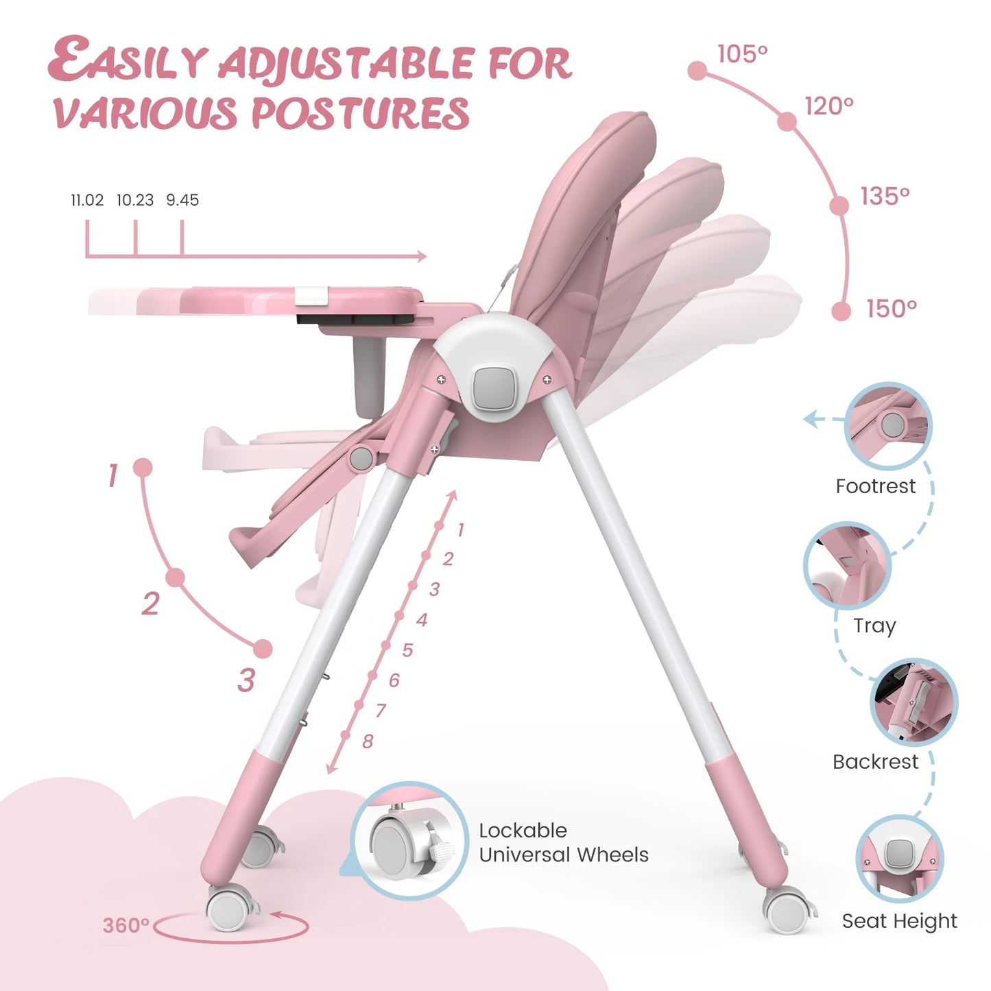 Baby High Chair Foldable Highchair Adjustable Backrest Double Removable Tray Detachable PU Leather Cushion High Chair