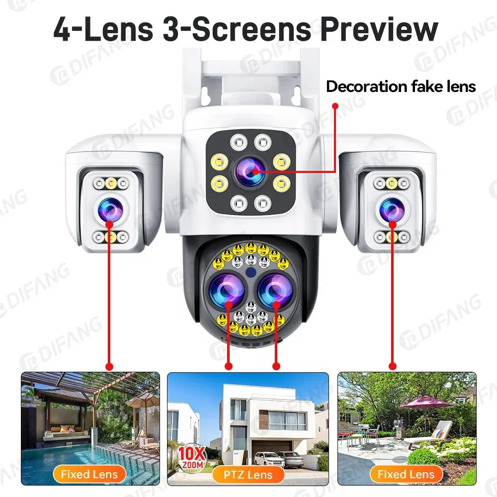 16MP WiFi IP Camera Four Lens Three Screen 360° PTZ CCTV Auto Tracking Wireless Surveillance Security Camera Outdoor