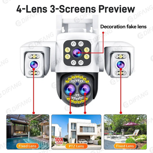 16MP WiFi IP Camera Four Lens Three Screen 360° PTZ CCTV Auto Tracking Wireless Surveillance Security Camera Outdoor
