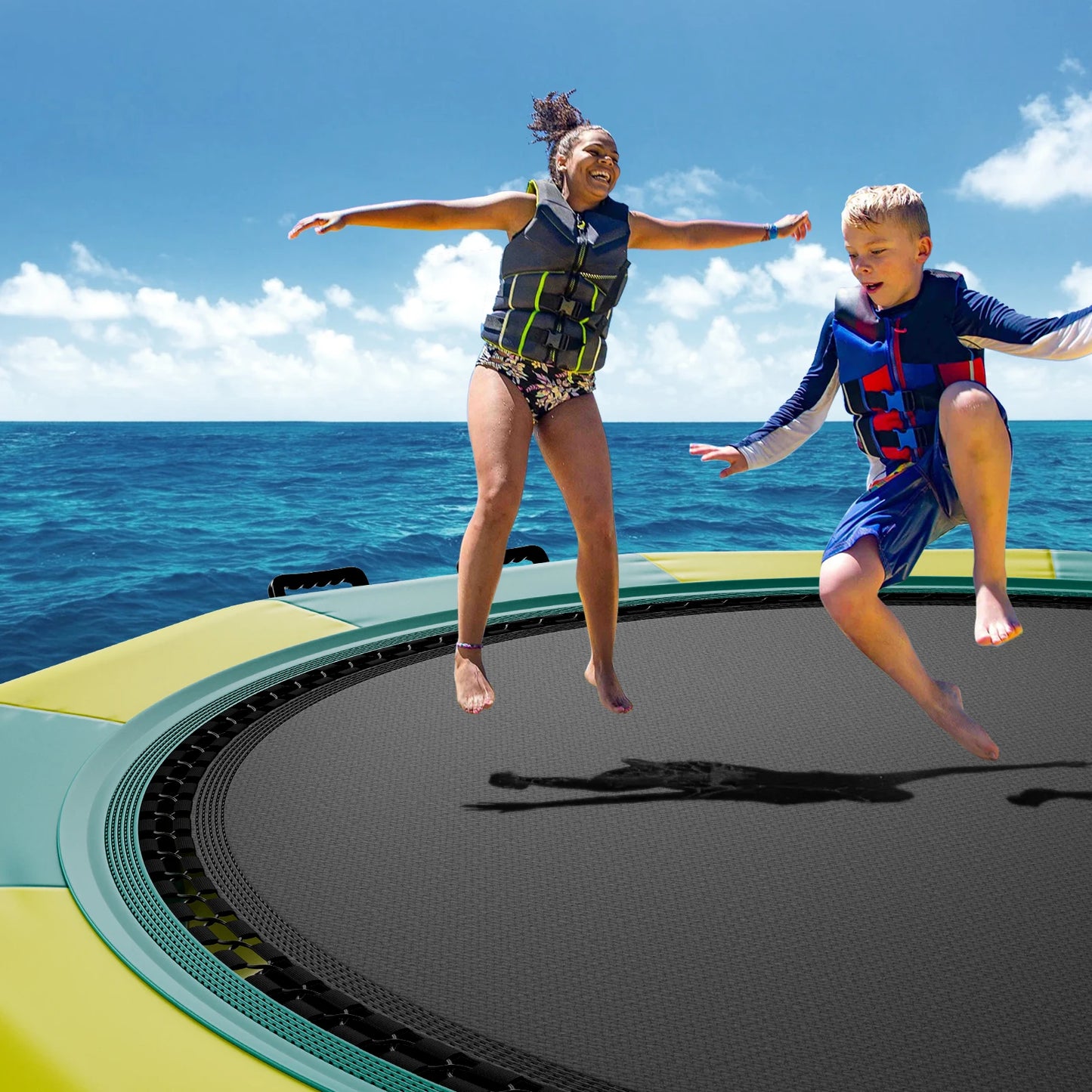12ft Inflatable Water Bouncer Recreational Water Trampoline Portable Bounce Swim Platform with Slide 3-Step Ladder