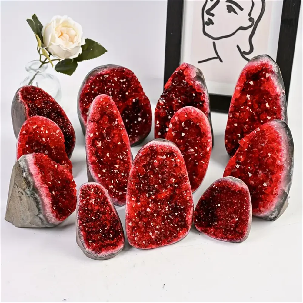 1pc Rare Red Geode Crystal Cluster On Display Base-Mineral Specimen for Home& Office Decor, Geology Enthusiast Gift