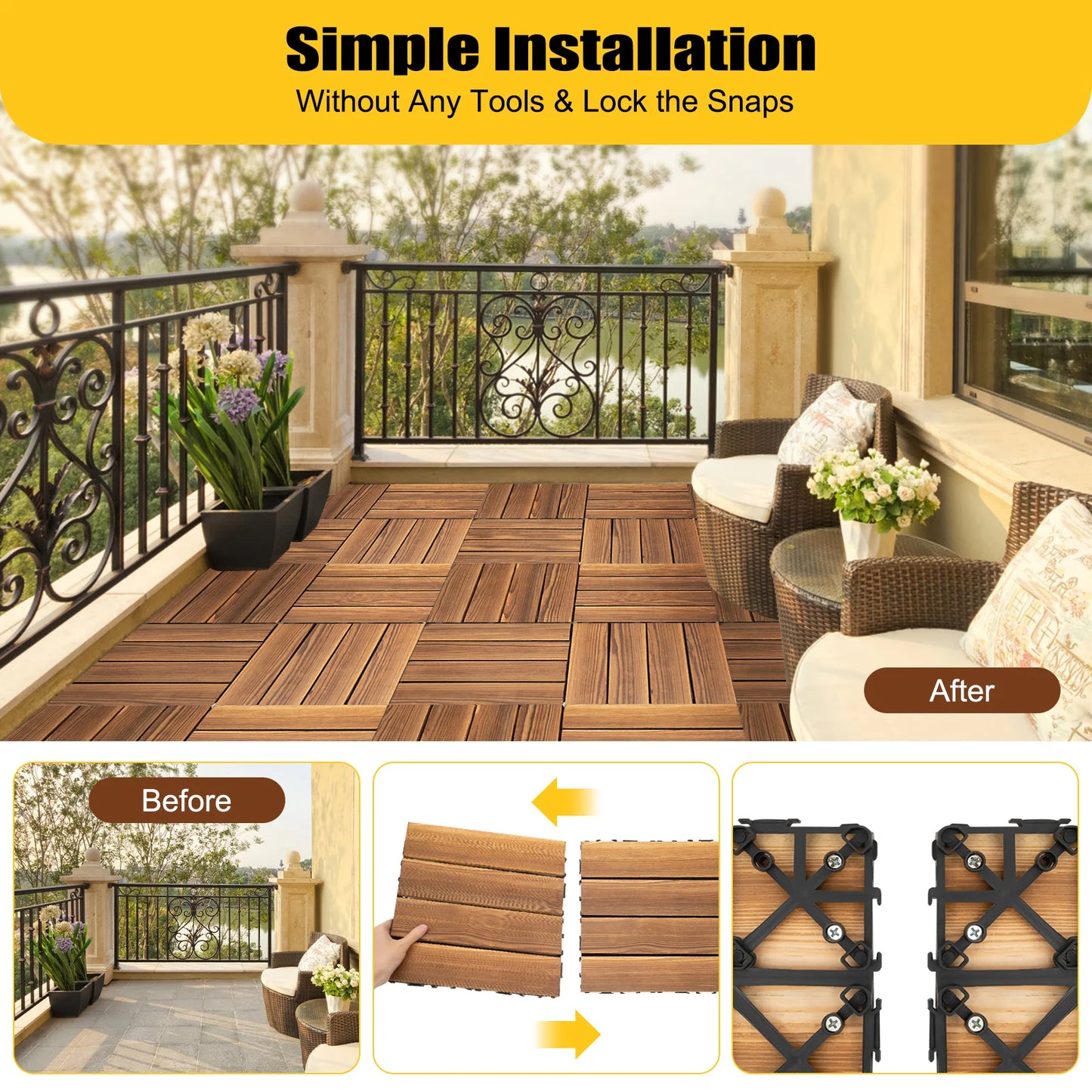 36ft²/ 3.24㎡ Outdoor Hardwood Flooring Tiles Interlock Edge Waterproof for Patio, Each Tile 12"/30cm*30cm, 36 Pack - Brown