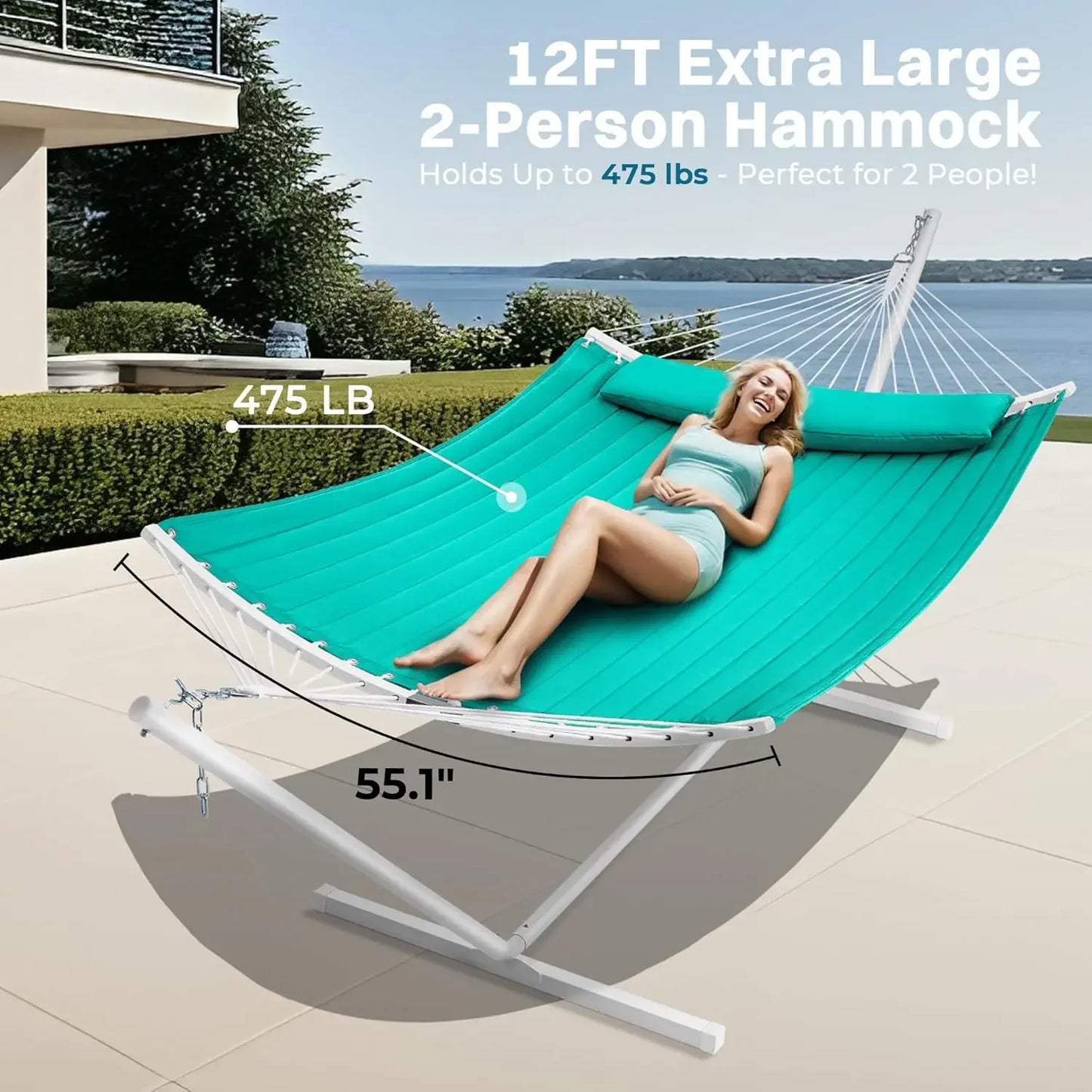 Hammock with Stand, 2 Person Heavy Duty Hammock with Padded Cotton, Detachable Pillow & Strong Curved-Bar & Portable CarryingBag
