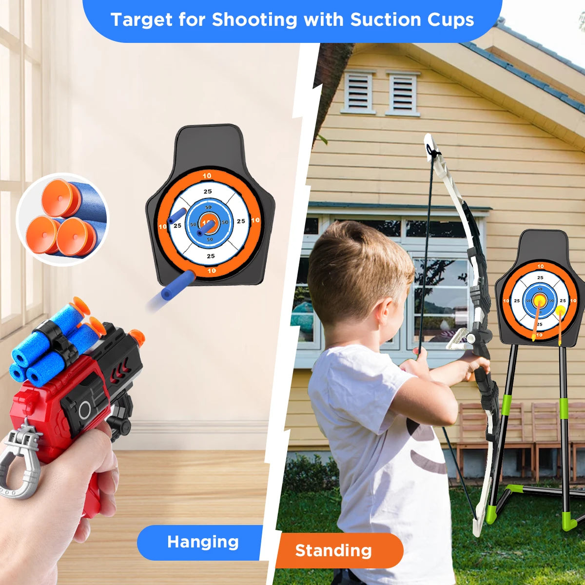 2X Bow Arrow + Guns Toy For Kids LED Light Up Archery with Suction Cup Stand Target Dart Board Indoor Outdoor Game Toys
