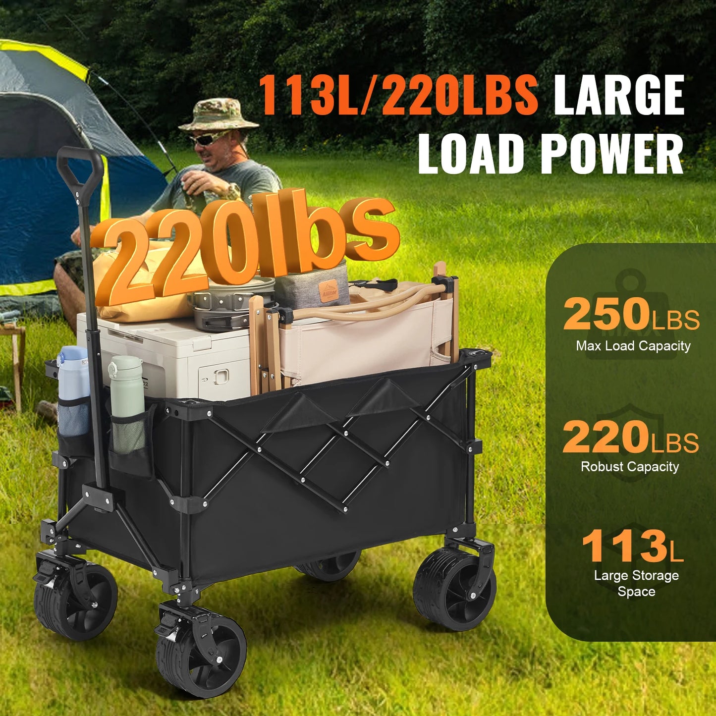 Collapsible Folding Wagon Beach Wagon Cart with All-Terrain Wheels Drink Holder Sport Wagon for Camping Shopping Garden