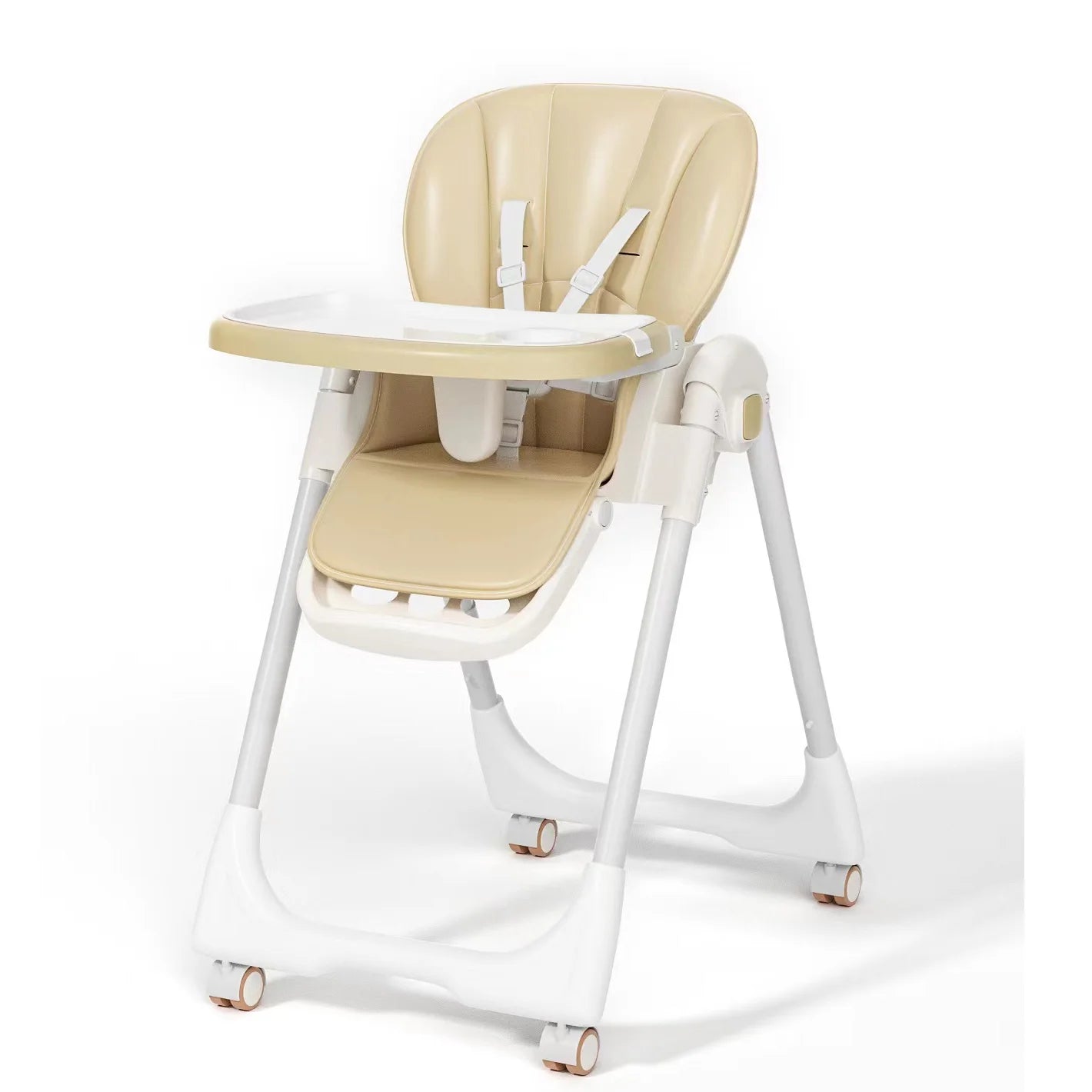 Baby High Chair Foldable Highchair Adjustable Backrest Double Removable Tray Detachable PU Leather Cushion High Chair