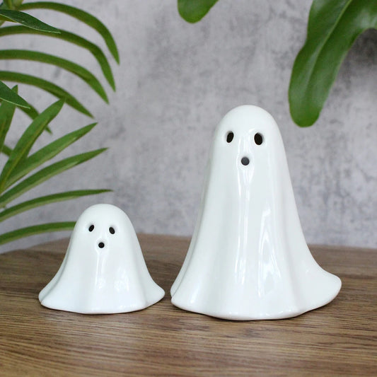 Halloween LED Light Up Ghost Decor Ceramic Lighted Ghost Sculpture Handmade Illuminated Ghost Decor Desktop Decoration