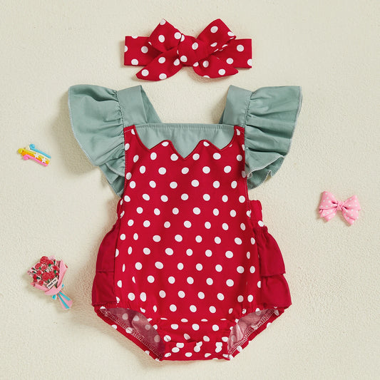 Baby Girl Strawberry Romper Flying Sleeve Square Neck Bodysuit with Bow Headband