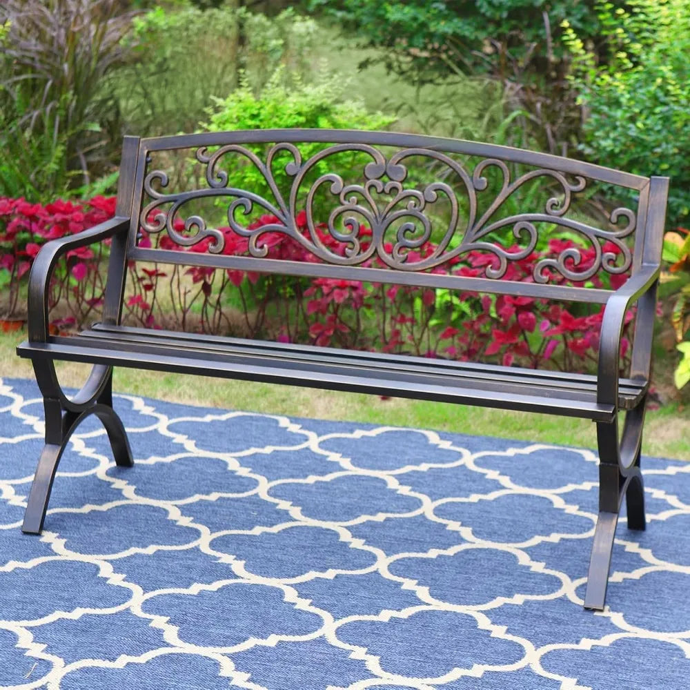 50Inch Cast Iron Steel Frame Garden Bench Patio Furniture Chair Outdoor Bench w/Floral Design Backrest, Slatted Seat for Park