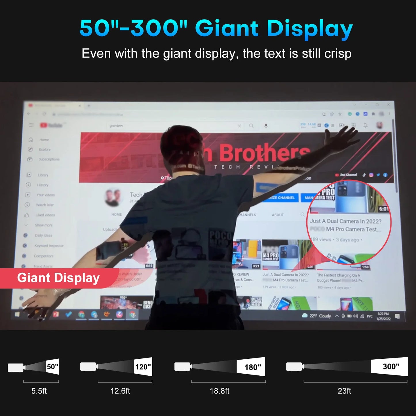 1080P Projector, 15000 Lux, 490 ANSI, WiFi/Bluetooth, 300'' Screen, 4K Support, Zoom, 5G Sync, HDMI/USB/AV/Smartphone