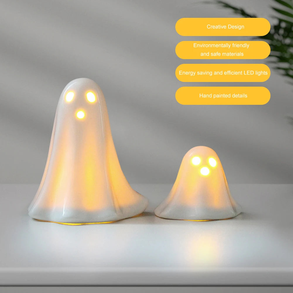 Halloween LED Light Up Ghost Decor Ceramic Lighted Ghost Sculpture Handmade Illuminated Ghost Decor Desktop Decoration