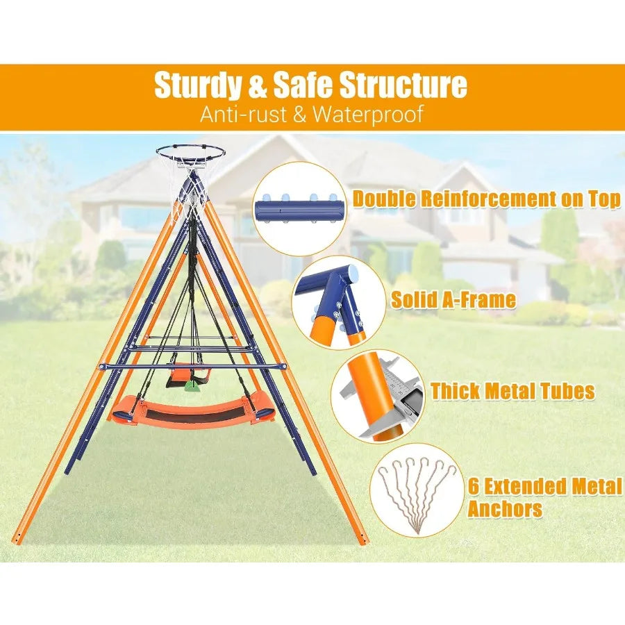 Outdoor 6 in 1 Multifunction Swing Set for Backyard Heavy Duty Metal Frame with 3 Adjustable Swings Climbing Ladder and Net Bas