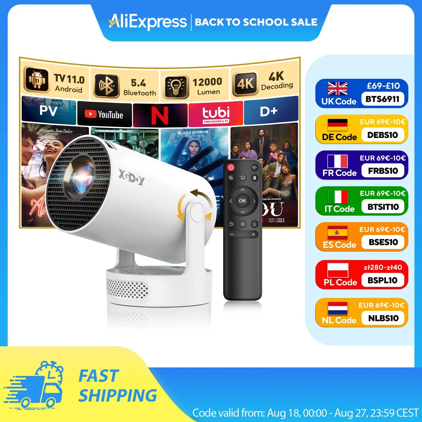 4K 1080p LED Projector with 12000 Lumen Brightness, WiFi 6 Bluetooth 5.0 Portable Home Theater System for entertainment