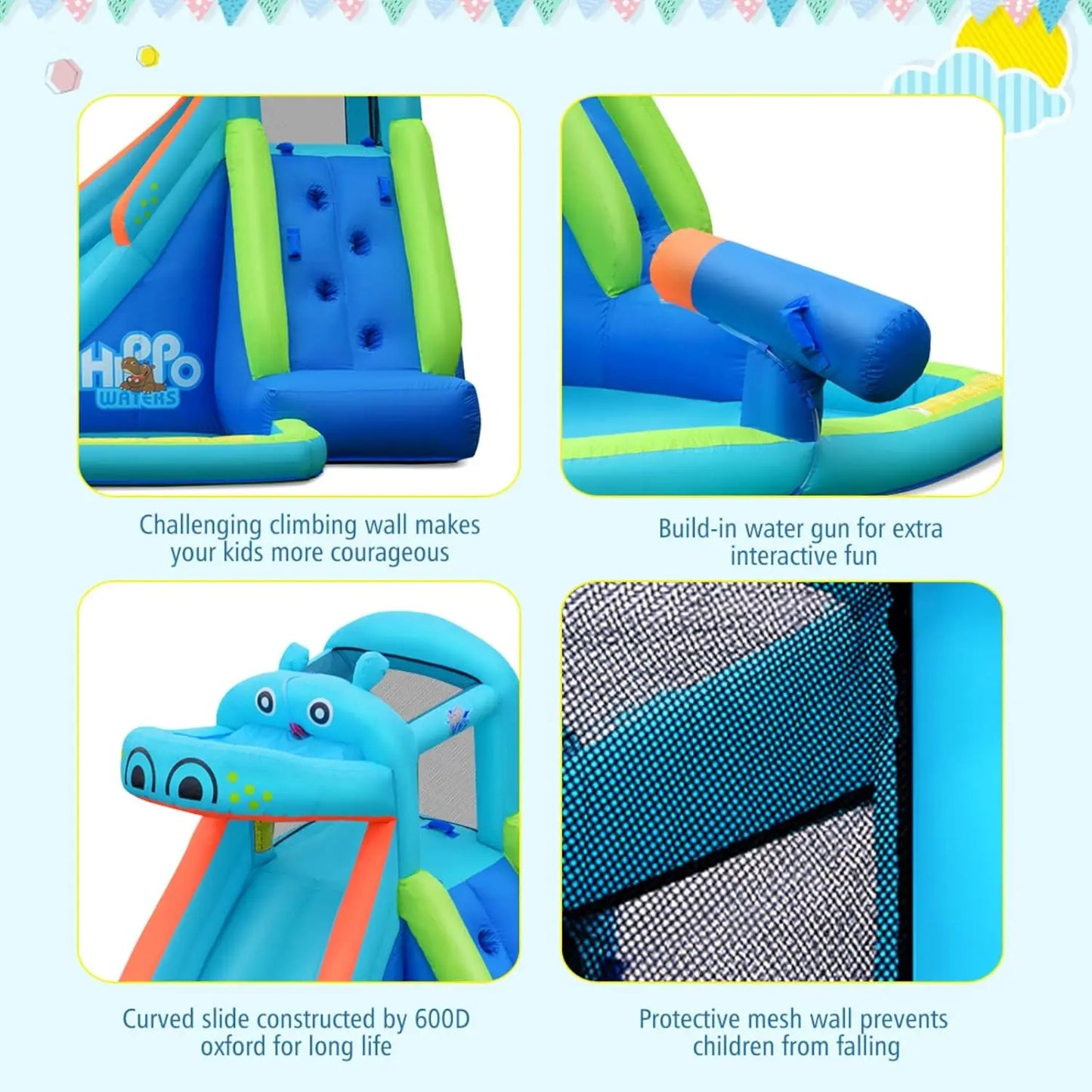 Inflatable Water Slide, Hippo Themed Kids Waterslide Park for Outdoor w/Long Slide&Splash Pool for Racing Fun, Blow up Toddler W
