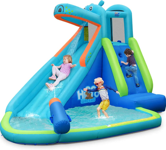 Inflatable Water Slide, Hippo Themed Kids Waterslide Park for Outdoor w/Long Slide&Splash Pool for Racing Fun, Blow up Toddler W