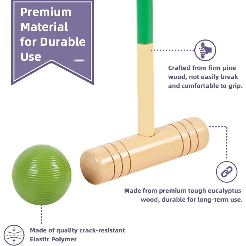 32In Six Player Croquet Set with Deluxe Premiun Pine Wooden Mallets,Colored Ball,Wickets,Stakes - Lawn Backyard Game Set