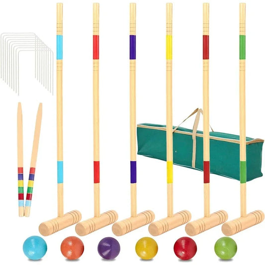 32In Six Player Croquet Set with Deluxe Premiun Pine Wooden Mallets,Colored Ball,Wickets,Stakes - Lawn Backyard Game Set