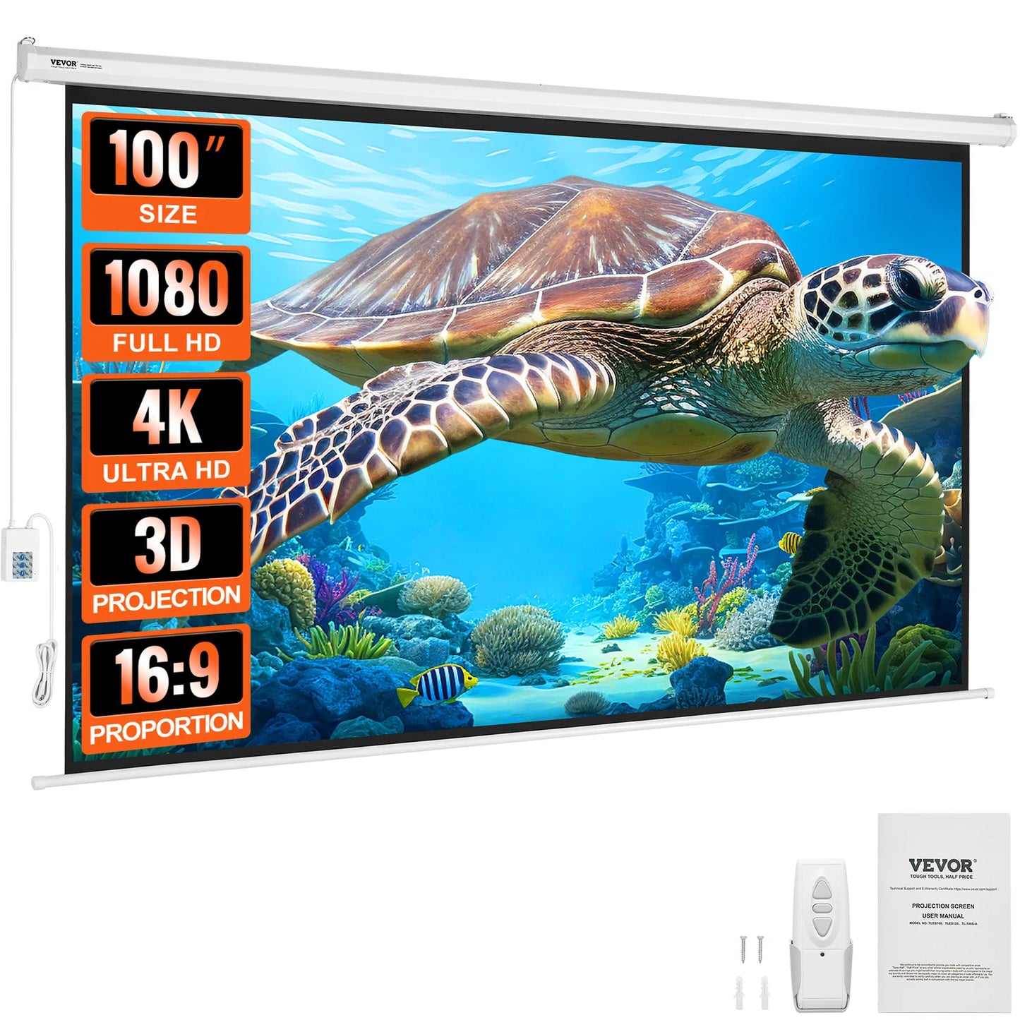 Electric Motorized Projector Screen 100in16:9 4K 1080 HD Wall Mount Movie Screen for Family Home Office Movie Theater