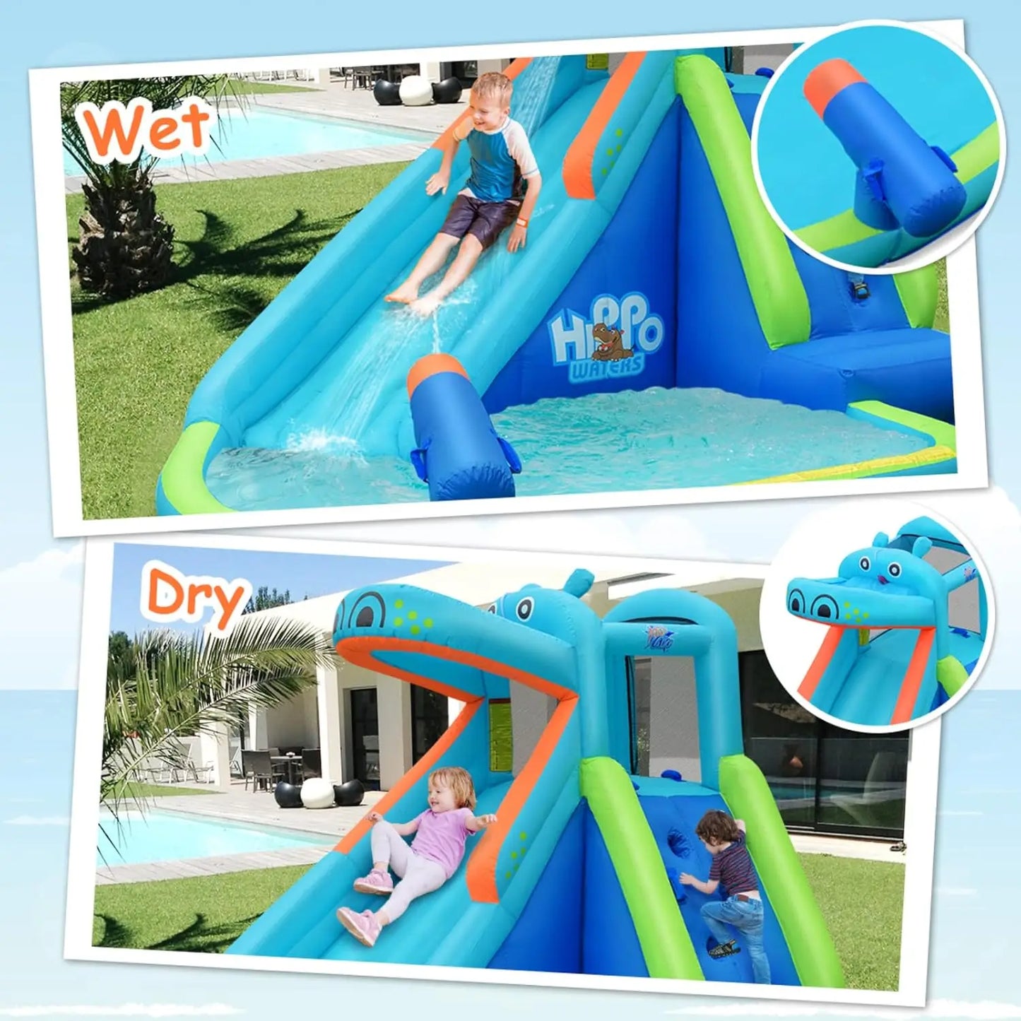 Inflatable Water Slide, Hippo Themed Kids Waterslide Park for Outdoor w/Long Slide&Splash Pool for Racing Fun, Blow up Toddler W