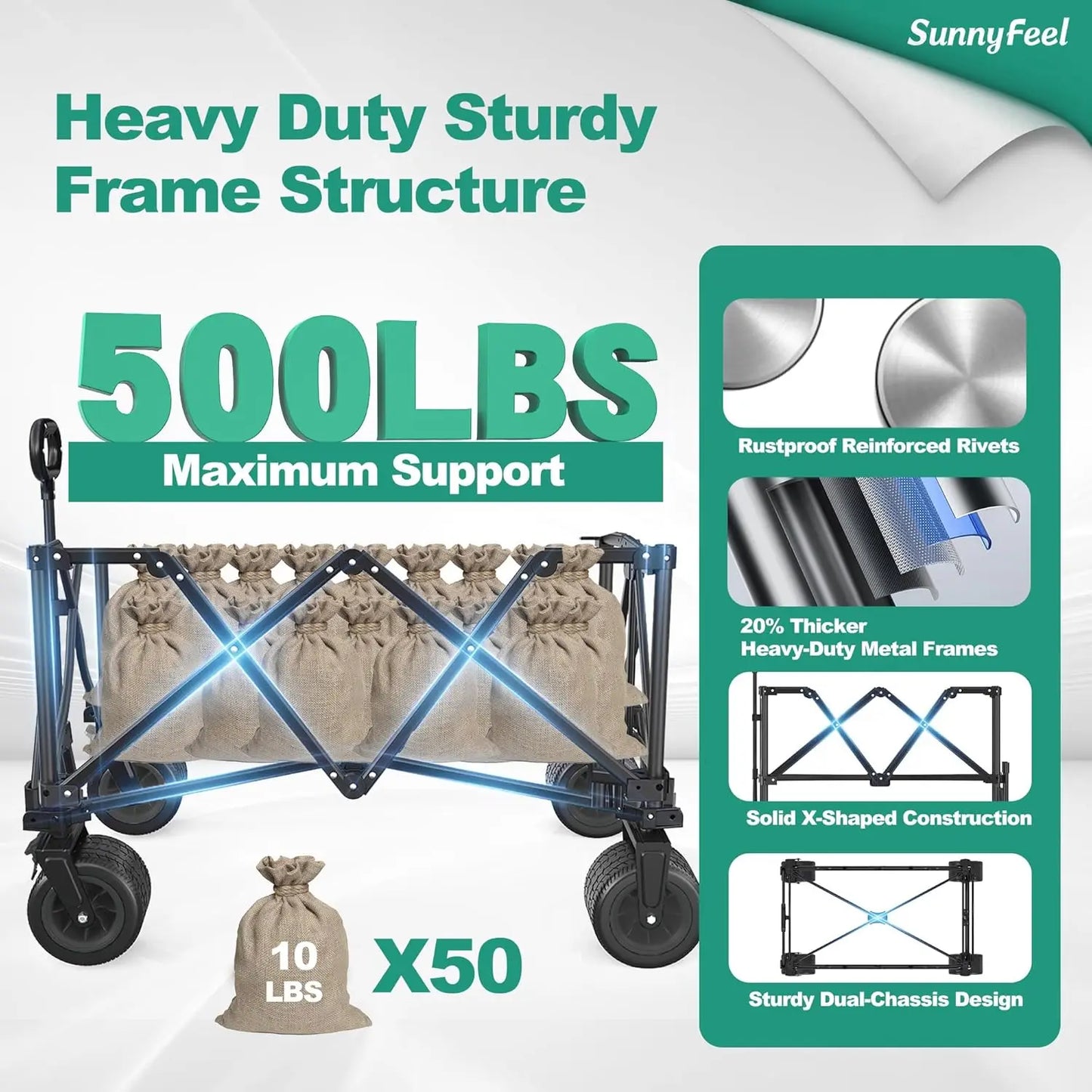 Heavy Duty Collapsible Outdoor Utility Wagon Cart 500LB Capacity Adjustable Handlebar,Foldable Beach Wheels