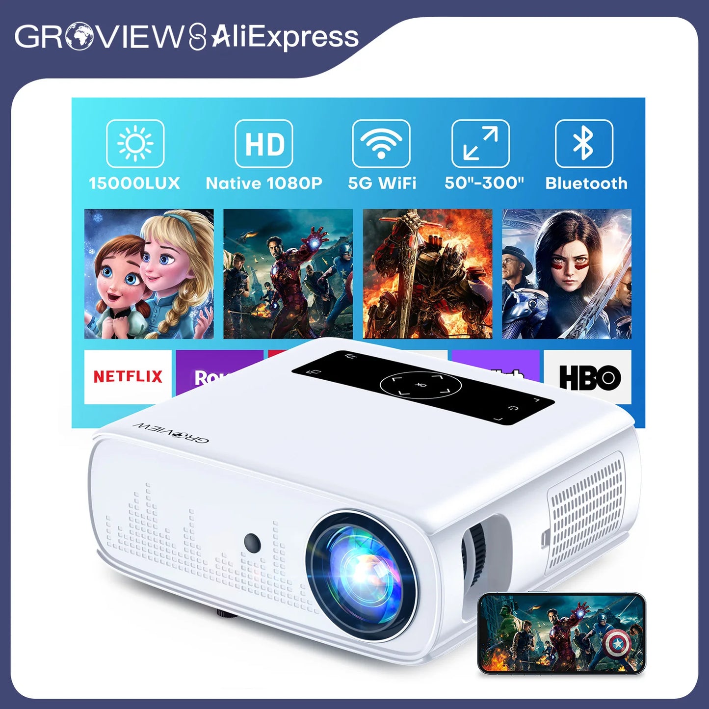 1080P Projector, 15000 Lux, 490 ANSI, WiFi/Bluetooth, 300'' Screen, 4K Support, Zoom, 5G Sync, HDMI/USB/AV/Smartphone