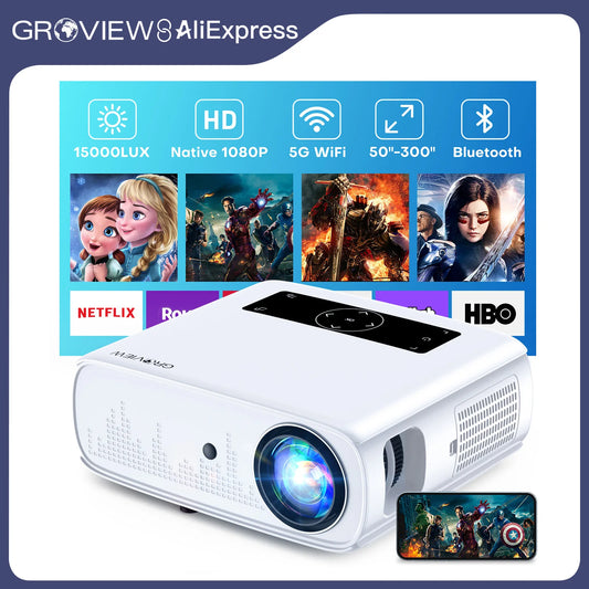 1080P Projector, 15000 Lux, 490 ANSI, WiFi/Bluetooth, 300'' Screen, 4K Support, Zoom, 5G Sync, HDMI/USB/AV/Smartphone