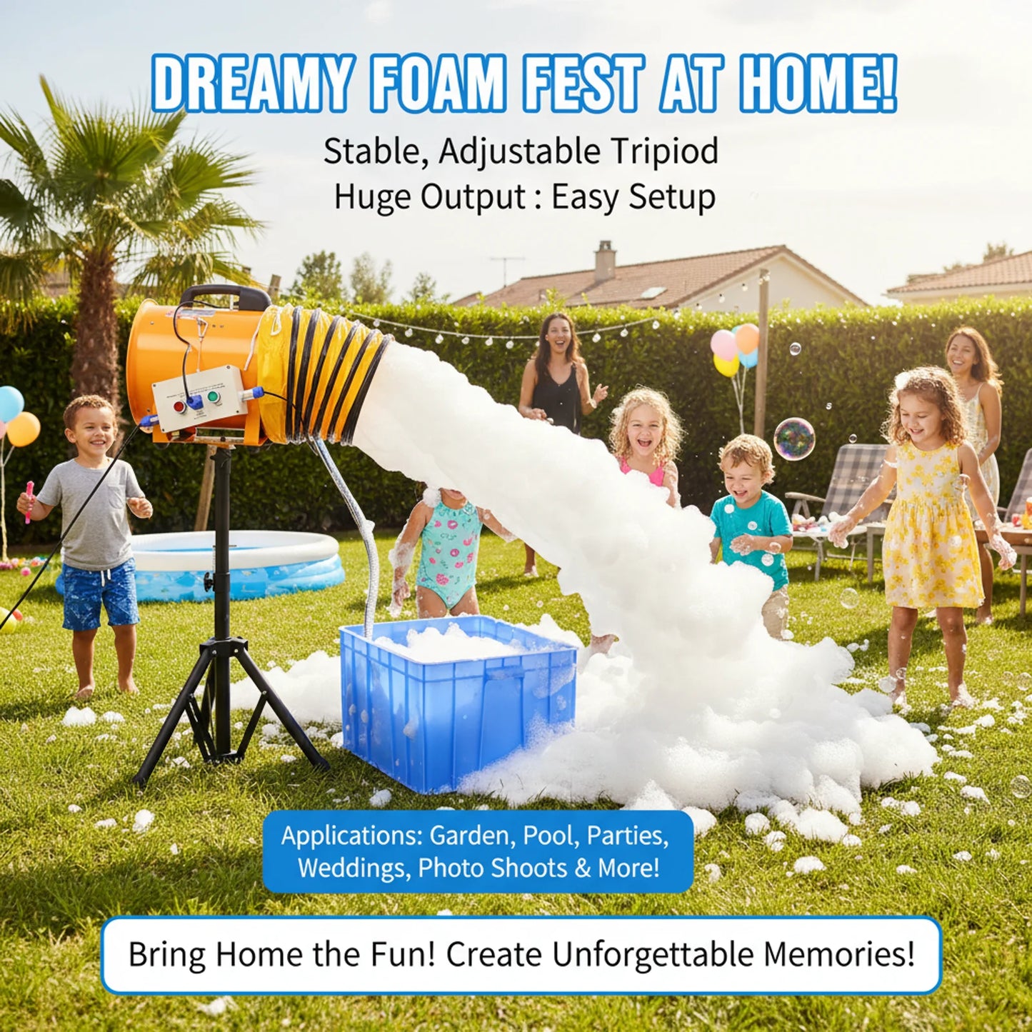 6m/20ft Rotatable Spray Pool Foam Machine for Party High Efficient 65m³/Min Adjustable Height 24-37in Heavy Duty 60L Capacity