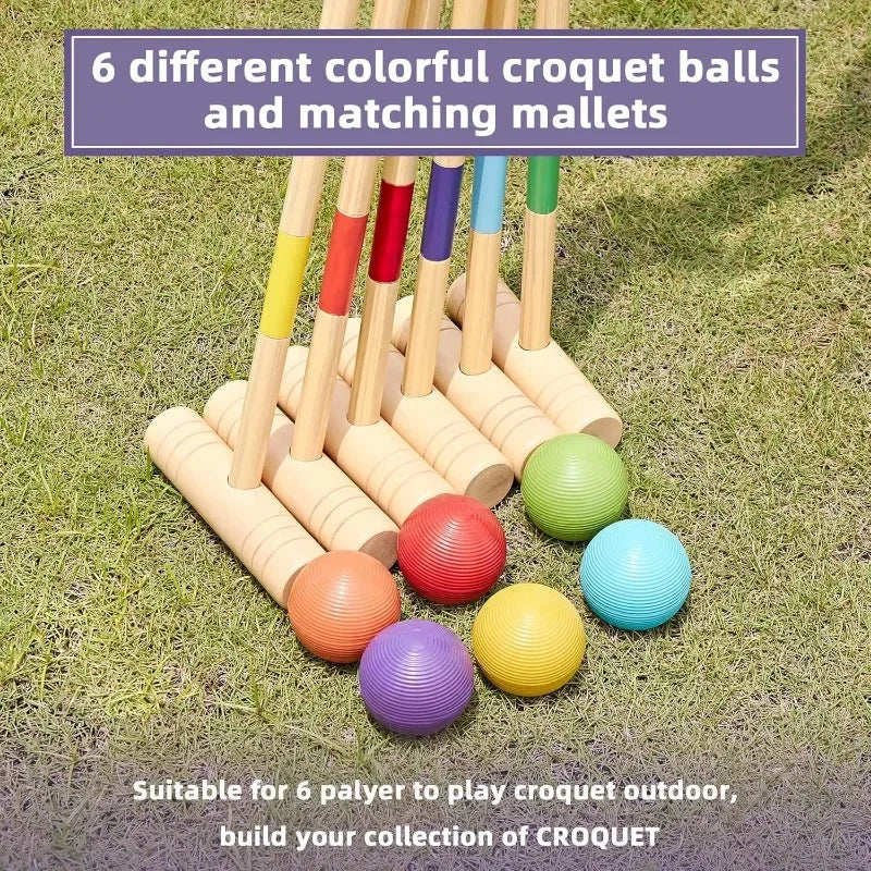 32In Six Player Croquet Set with Deluxe Premiun Pine Wooden Mallets,Colored Ball,Wickets,Stakes - Lawn Backyard Game Set