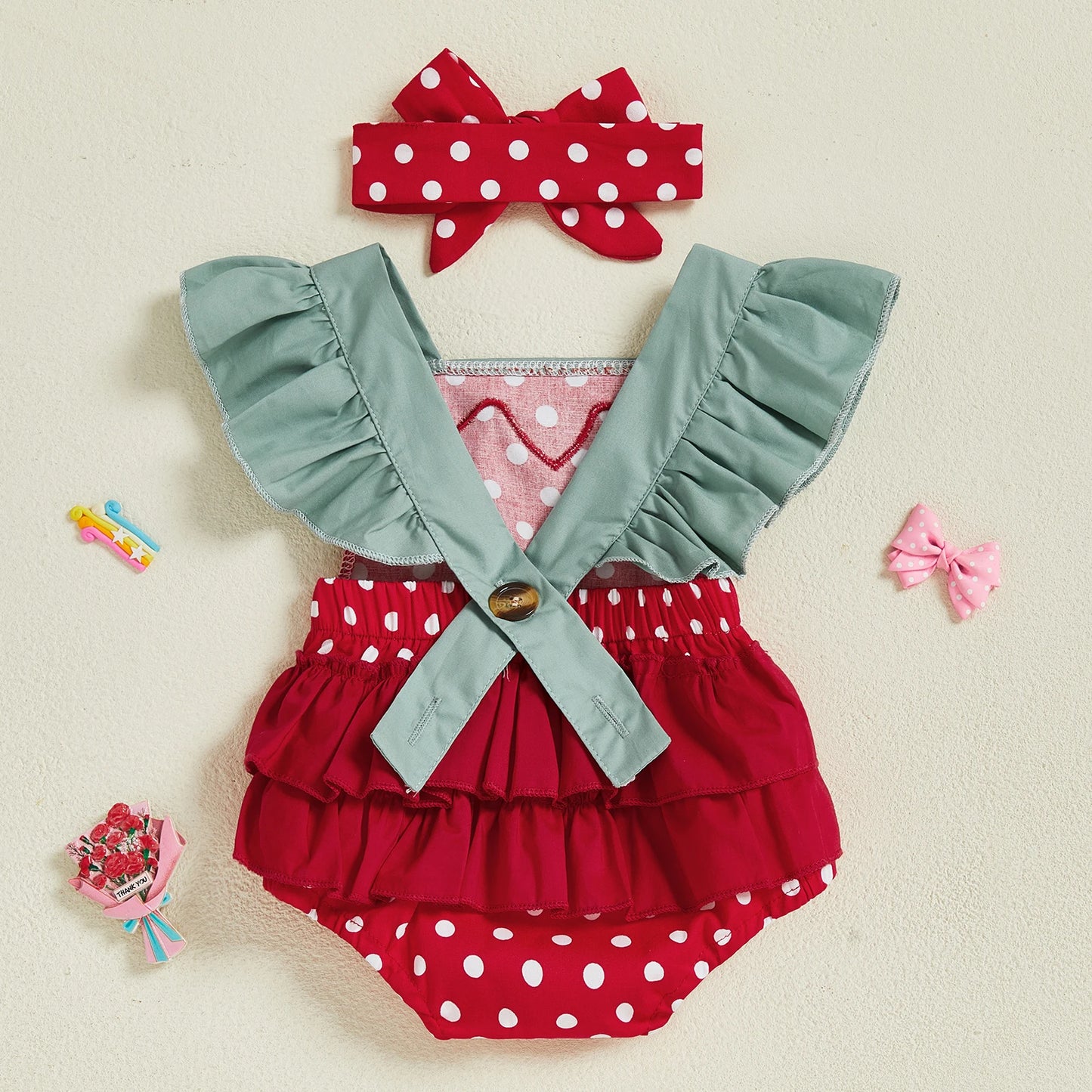 Baby Girl Strawberry Romper Flying Sleeve Square Neck Bodysuit with Bow Headband